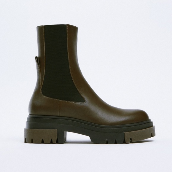 Zara Womens Chelsea Khaki Leather Ankle Boots Lug Soles múltiple size. - Picture 2 of 9